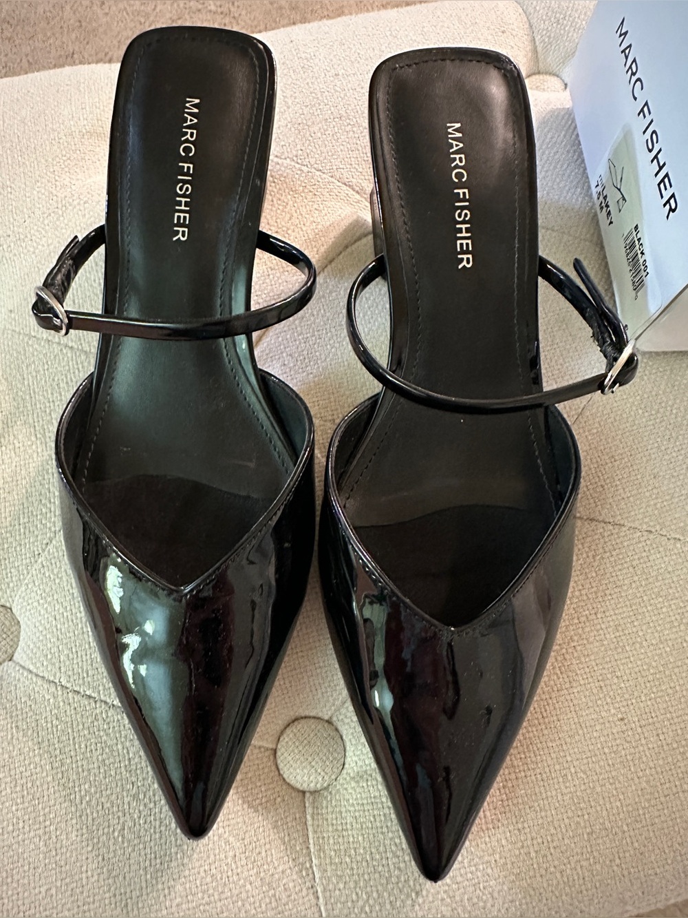 Marc Fisher Black Patent Pointed-Toe Slingback Mules